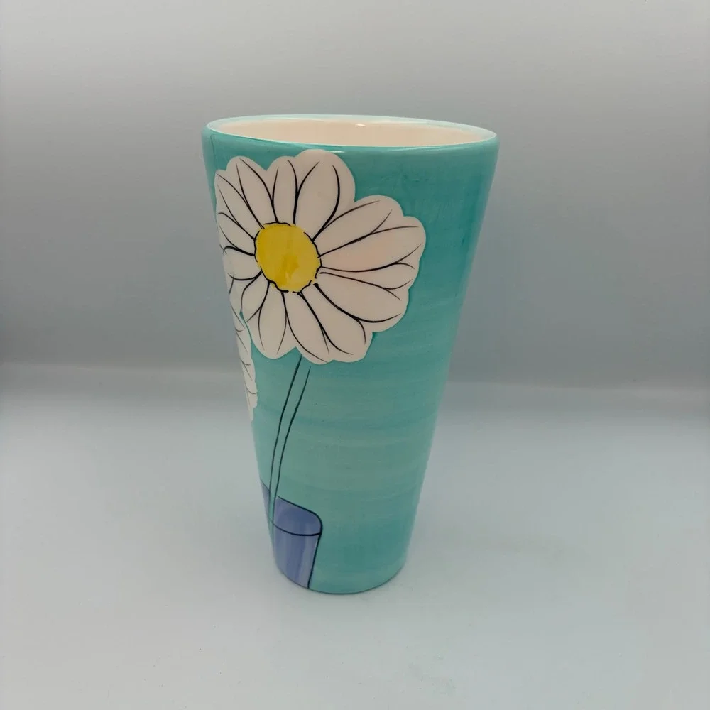 Napco Aqua Blue‎ Daisy Floral Ceramic Tapered Vase 8 Inch Retro Cottagecore